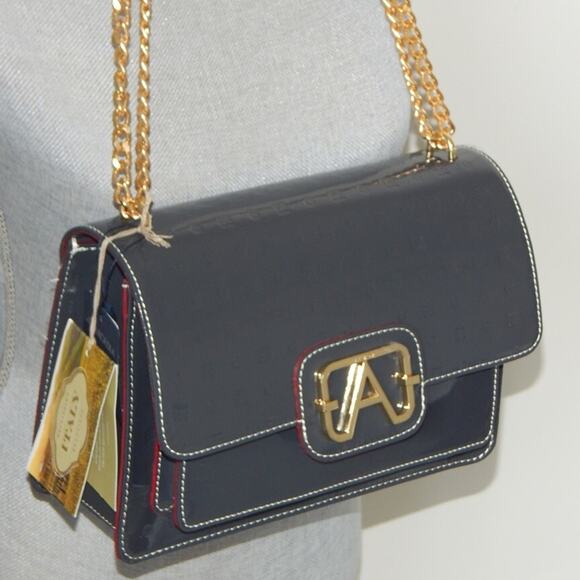 ARCADIA Genuine Patent Leather Flap Chain Crossbody Bag in Dark Grey Italy NWT - Picture 4 of 15